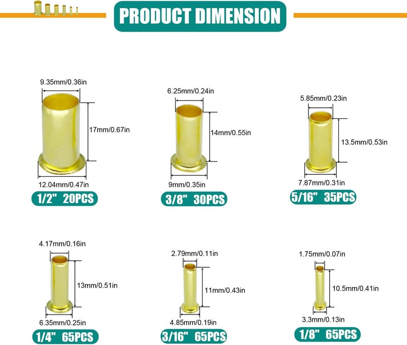 Dekiphox 280PCS Brass Compression Insert，for Tube OD 1/8" 3/16" 1/4" 5/16'' 3/8" 1/2", Insert Tube Compression Sleeve Fitting Assortment Kit - Image 2